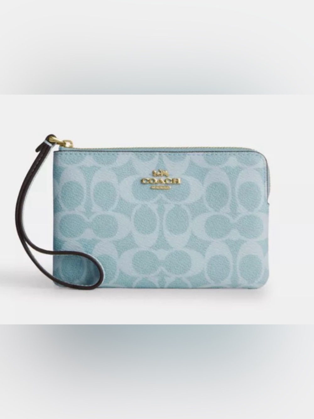 🩵Coach Light Blue Signature C Corner Zip Wristlet with Gold Hardware